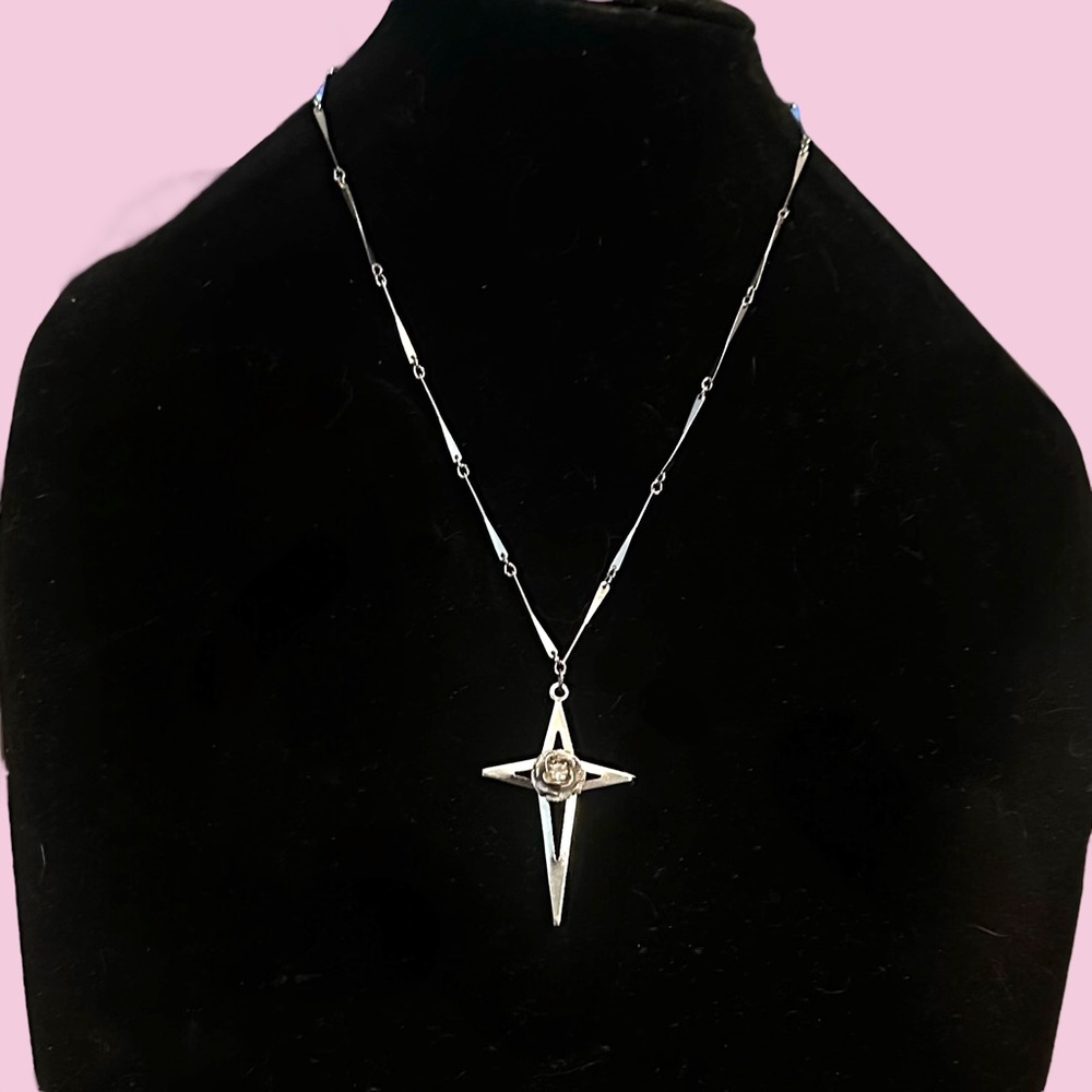 Vintage Hobé silver tone star cross pendant necklace